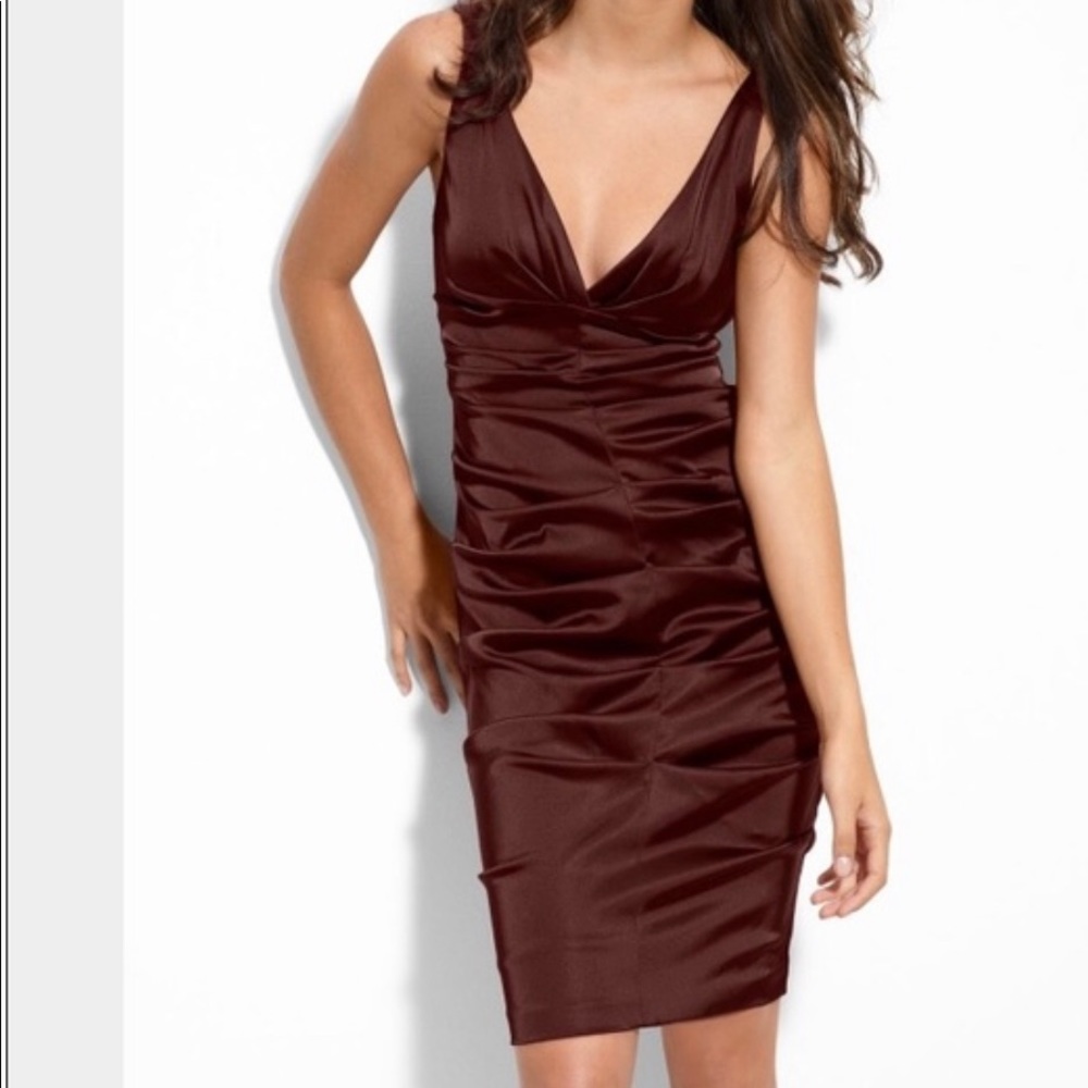 Xscape Stretchy & Ruched Brown Satin Sexy Dress